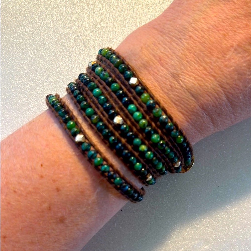 Malachite Green and Silver Chan Luu Brown leather Beaded Wrap Bracelet
